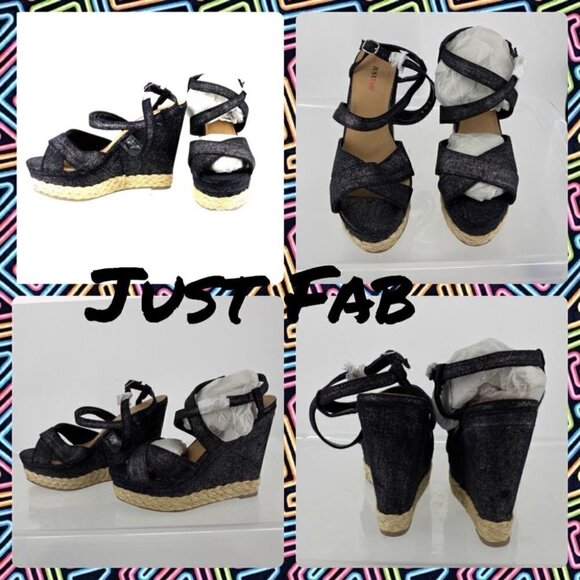 JustFab metallic black canvas cross strap platform wedges braided buckle. Sz 9 - Picture 1 of 9
